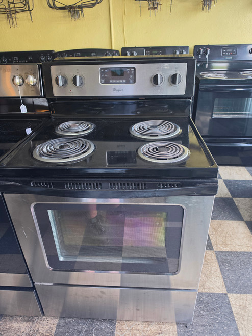 WHIRLPOOL 30 INCH FREESTANDING ELECTRIC RANGE COIL BURNERS 2 LARGE 2 SMALL KEEP WARM OPTION SELF CLEANING OVEN BLACK AND STAINLESS LOCATED IN OUR PORTLAND OREGON APPLIANCE STORE SKU 23381