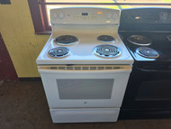 GE 30 INCH FREESTANDING ELECTRIC RANGE COIL BURNERS HI LO BROIL SETTING SELF CLEAN OVEN WHITE LOCATED IN OUR PORTLAND OREGON APPLIANCE STORE SKU 23383