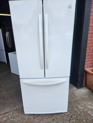 KENMORE 20 CUBIC FOOT 30-INCH-WIDE FRENCH DOOR RERRIGERATOR WITH INTERNAL WATER DISPENSER AND ICE MAKER GLASS SHELVES 2 CRISPER DRAWERS 1 DELI DRAWER WHITE LOCATED IN OUR PORTLAND OREGON APPLIANCE STORE SKU 23393