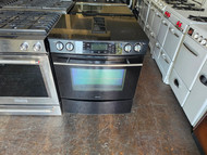 JENN-AIR 30 INCH SLIDE IN GLASS TOP RANGE 4 BURNER RAPID PREHEAT CONVECTION SELF CLEANING OVEN BLACK LOCATED IN OUR PORTLAND OREGON APPLIANCE STORE SKU 23408