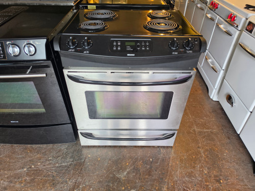 KENMORE BY FRIGIDAIRE 30 INCH SLIDE IN ELECTRIC RANGE COIL BURNERS 2 LARGE 2 SMALL SELF CLEANING OVEN STORAGE DRAWER BLACK AND STAINLESS LOCATED IN OUR PORTLAND OREGON APPLIANCE STORE SKU 23421