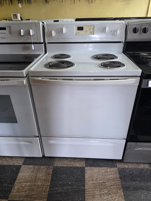 WHIRLPOOL 30 INCH FREESTANDING ELECTRIC RANGE COIL BURNERS SELF CLEANING OVEN GLASS DOOR NO WINDOW WHITE LOCATED IN OUR PORTLAND OREGON APPLIANCE STORE SKU 23835