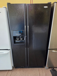 WHIRLPOOL 25 CUBIC FOOT SIDE BY SIDE REFRIGERATOR WITH ICE AND WATER IN DOOR GLASS SHELVES 2 CRISPER DRAWERS 3 WIRE SHELVES FREEZER PULL OUR BIN BLACK LOCATED IN OUR PORTLAND OREGON APPLIANCE STORE SKU 23838