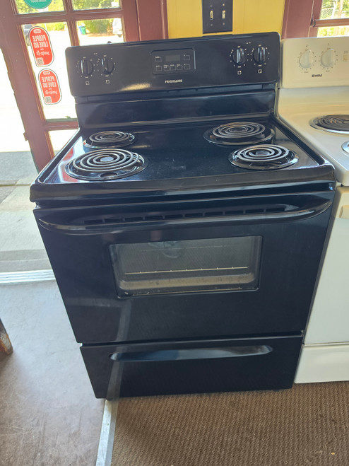 FRIGIDAIRE 30 INCH FREESTANDING ELECTRIC RANGE MANUAL CLEAN COIL BURNERS 2 LARGE 2 SMALL BLACK LOCATED IN OUR PORTLAND OREGON APPLIANCE STORE SKU 23855
