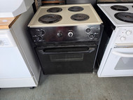 GE 27 INCH DROP IN ELECTRIC RANGE MANUAL CLEAN COIL BURNERS 3 SMALL 1 LARGE COSMETIC ISSUES DOOR SEAL HAS PIECE OUT OF IT CONTROL PANEL HAS SCRATCHES WORKS GOOD SEE PICS ALMOND WITH BLACK GLASS DOOR WITH WINDOW LOCATED IN OUR PORTLAND SKU 23885
