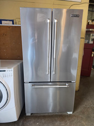 JENN-AIR 21.8 cu. ft. Counter-Depth French-Door Refrigerator with 4 Spill-Proof Glass Shelves, Humidity-Controlled Crispers, Gourmet Bay Drawer, Internal Water Dispenser, Ice Maker, LED Display and Star-K Certified: Stainless Steel SKU 23893