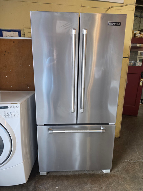 JENN-AIR 21.8 cu. ft. Counter-Depth French-Door Refrigerator with 4 Spill-Proof Glass Shelves, Humidity-Controlled Crispers, Gourmet Bay Drawer, Internal Water Dispenser, Ice Maker, LED Display and Star-K Certified: Stainless Steel SKU 23893