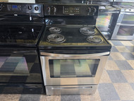 FRIGIDAIRE 30 INCH ELECTRIC RANGE COIL BURNERS 2 LARGE 2 SMALL SELF CLEANING OVEN BLACK AND STAINLESS LOCATED IN OUR PORTLAND OREGON APPLIANCE STORE SKU 23900