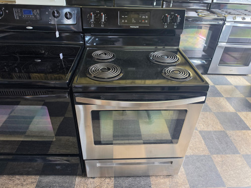 FRIGIDAIRE 30 INCH ELECTRIC RANGE COIL BURNERS 2 LARGE 2 SMALL SELF CLEANING OVEN BLACK AND STAINLESS LOCATED IN OUR PORTLAND OREGON APPLIANCE STORE SKU 23900
