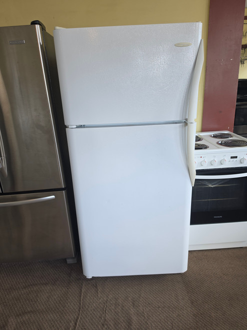 FRIGIDAIRE 18 CUBIC FOOT REFRIGERATOR TOP FREEZER GLASS SHELVES 2 CRISPER DRAWERS 1 DELI DRAWER FULL WIDTH WIRE SHELF IN FREEZER COSMETIC ISSUE IN DAIRY STORAGE SEE PIC WHITE LOCATED IN OUR PORTLAND OREGON APPLIANCE STORE SKU 23901