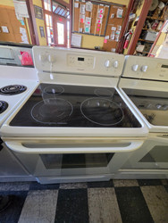 FRIGIDAIRE 30 INCH FREESTANDING ELECTRIC RANGE GLASS TOP 4 BURNERS 1 LARGE DUAL 1 LARGE 2 SMALL TIME BAKE SELF CLEANING OVEN STOAGE DRAWER WHITE LOCATED IN OUR PORTLAND OREGON APPLIANCE STORE SKU 23904