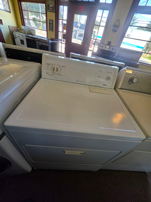 KENMORE HEAVY DUTY SUPER CAPACITY ELECTRIC DRYER 4 CYCLE  1 HIGH HEAT 1 LOW HEAT AUTO DRY 1 TIMED DRY HIGH HEAT 1 NO HEAT OPTION TOP FILTER PULL DOWN HAMPER DOOR WHITE LOCATED IN OUR PORTLAND OREGON APPLIANCE STORE SKU 23912