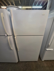 WHIRLPOOL 16 CUBIC FOOT REFRIGERATOR TOP FREEZER ADJUSTABLE WIRE SHELVES LARGE SINGLE CRISPER DRAWER GLASS COVER FULL WIDTH WIRE SHELF IN FREEZER COSMETIC ISSUES ON HANDLES AND FREEZER DOOR SEE PICS SKU 24001