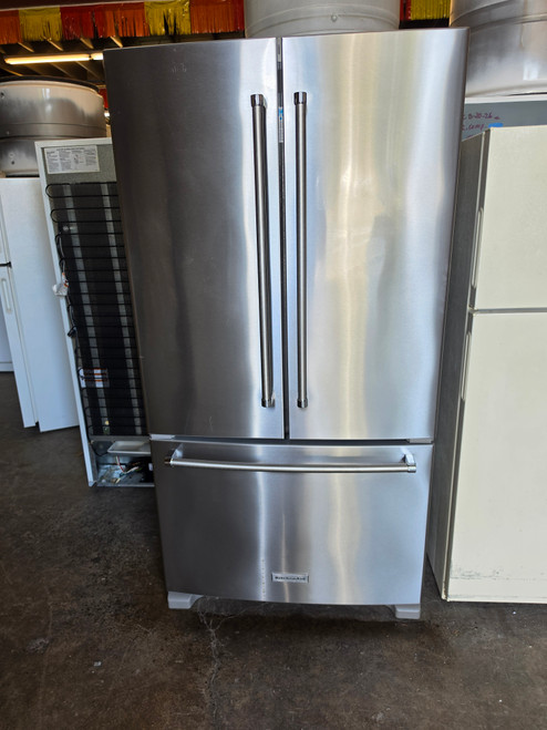 JENN-AIR 20 CUBIC FOOT COUNTER DEPTH FRENCH DOOR RERIGERATOR BOTTOM FREEZER GLASS SHELVES 2 CRISPER DRAWERS LARGE PANTRY DRAWER ICE AND WATER STAINLESS LOCATED IN OUR PORTLAND OREGON APPLIANCE STORE SKU 21012