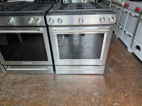 KitchenAid 30 Inch Slide-In Gas Range with 5 Sealed Burners, 5.8 cu ft. Even-Heat™ True Convection Oven, 17,000 BTU Burner, Storage Drawer, Steam Rack, Aqua Lift Steam Clean, ADA Compliant and Sabbath Mode: Stainless Steel SKU 24037