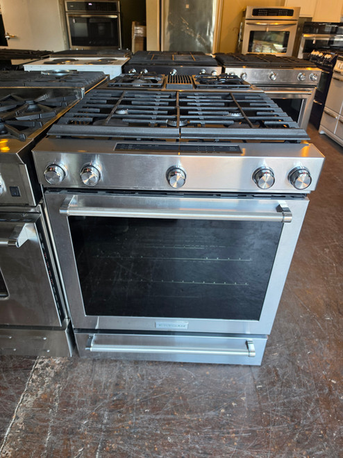 KitchenAid KSGG700ESS 30 Inch Slide-In Gas Range with 5 Sealed Burners, 5.8 cu ft. Even-Heat™ True Convection Oven, 17,000 BTU Burner, Storage Drawer, Steam Rack, Aqua Lift Steam Clean, ADA Compliant and Sabbath Mode: Stainless Steel SKU 24054