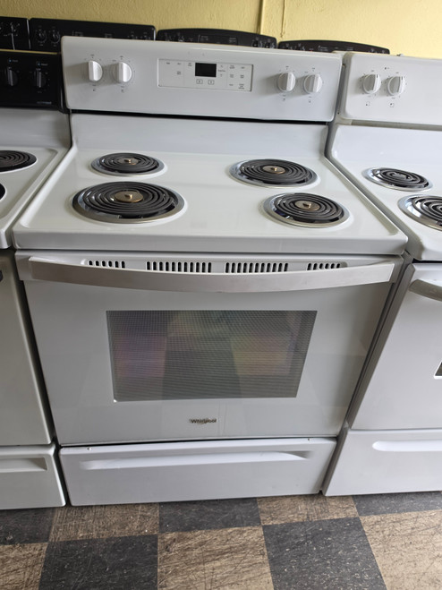 Whirlpool 30 Inch Freestanding Electric Range with 4 Coil Elements, 4.8 cu. ft. Oven Capacity, Storage Drawer, Self Cleaning Technology, Keep Warm Setting and Upswept Spill Guard™ Cooktop: White LOCATED IN OUR PORTLAND OREGON APPLIANCE STORE SKU 24057