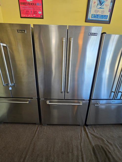 Jenn Air JFC2290VEP21.8 cu. ft. Counter-Depth French-Door Refrigerator with 4 Spill-Proof Glass Shelves, Humidity-Controlled Crispers, Gourmet Bay Drawer, Internal Water Dispenser, Ice Maker, LED Display Stainless Steel SKU 24067