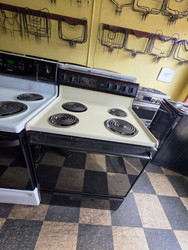 ROPER BY WHIRLPOOL 30 INCH FREESTANDING ELECTRIC RANGE COIL BURNERS 2 LARGE 2 SMALL SELF CLEANING OVEN BLACK GLASS OVEN DOOR ALMOND LOCATED IN OUR PORTLAND OREGON APPLIANCE STORE SKU 24099