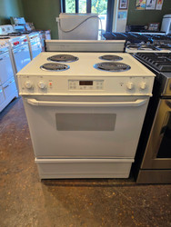 GE 30 INCH SLIDE-IN ELECTRIC RANGE COIL BURNERS 2 SMALL 2 LARGE HI-LO BROIL SELF CLEANING OVEN WHITE LOCATED IN OUR PORTLAND OREGON APPLIANCE STORE SKU 24052