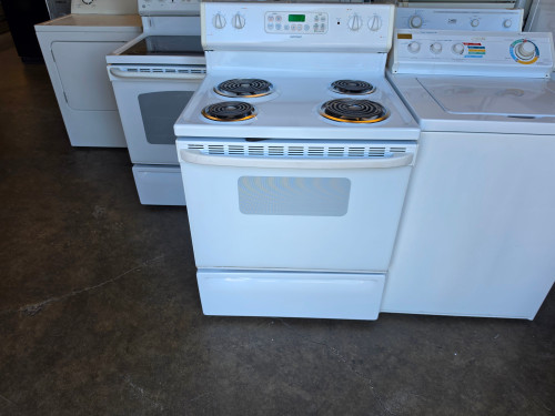 HOTPOINT 30 INCH FREESTANDING ELECTRIC RANGE COIL BURNERS 2 SMALL 2 LARGE HI LO BROIL SETTINGS SELF CLEANING OVEN WHITE LOCATED IN OUR PORTLAND OREGON APPLIANCE STORE SKU 24053