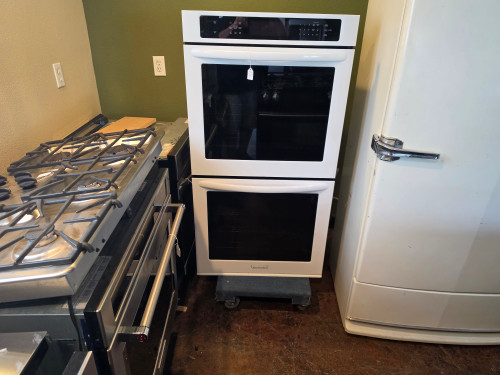 KitchenAid " Double Electric 8.6 cu. ft. Wall Oven with True Convection Ovens, 3 Oven Racks Each, Even Heat Technology, Clean Bake Hidden Element and Blue-Enamel Interior: White LOCATED IN OUR PORTLAND OREGON APPLIANCE STORE SKU 24162
