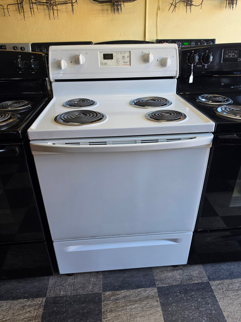 WHIRLPOOL 30 INCH FREESTANDING ELECTRIC RANGE COIL BURNERS 2 LARGE 2 SMALL SELF CLEANING OVEN WHITE LOCATED IN OUR PORTLAND OREGON APPLIANCE STORE SKU 24165