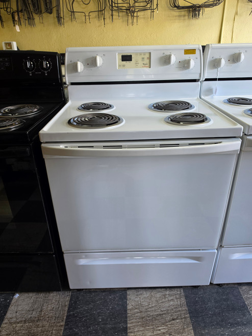 WHIRLPOOL 30 INCH FREESTANDING ELECTRIC RANGE COIL BURNERS 2 LARGE 2 SMALL SELF CLEANING OVEN WHITE LOCATED IN OUR PORTLAND OREGON APPLIANCE STORE SKU 24182