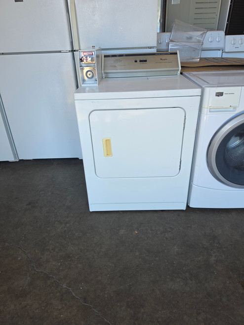 WHIRLPOOL COIN OP ELECTRIC HEAVY DUTY COMMERCIAL DRYER  3 TEMPERATURE TOP FILTER COIN BOX AND COIN SLIDE INCLUDED WHITE LOCATED IN OUR PORTLAND OREGON APPLIANCE STORE SKU 24202