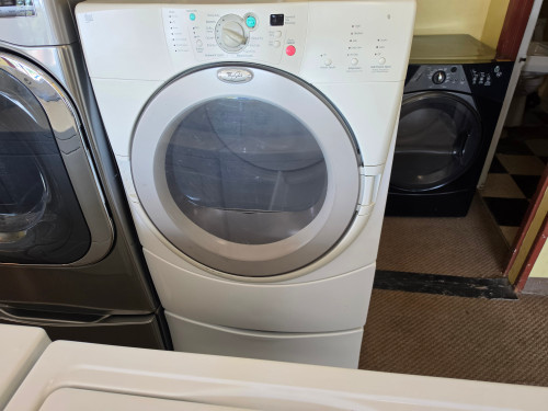 WHIRLPOOL DUET GAS DRYER WITH PEDESTAL 5 AUTO DRY 3 TIMED DRY SETTINGS 4 TEMPERATURE WITH AIR ONLY OPTION WHITE LOCATED IN OUR PORTLAND OREGON APPLIANCE STORE SKU 24208