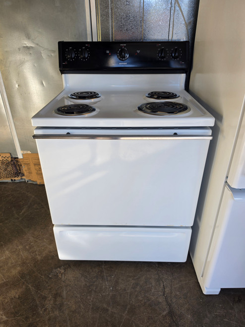 HOTPOINT 30 INCH FREESTANDING ELECTRIC RANGE COIL BURNERS 3 SMALL 1 LARGE MANUAL CLEAN WHITE WITH BLACK CONTROL PANEL LOCATED IN OUR PORTLAND OREGON APPLIANCE STORE SKU 24209
