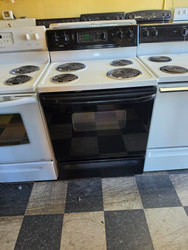 KENMORE 30 INCH FREESTANDING ELECTRIC RANGE SELF CLEANING OVEN COIL BURNERS 2 SMALL 2 LARGE STORAGE DRAWER WHITE WITH BLACK GLASS OVEN DOOR LOCATED IN OUR PORTLAND OREGON APPLIANCE STORE SKU 24221