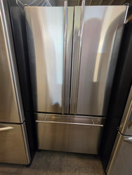JENN-AIR 20 CUBIC FOOT COUNTER DEPTH FRENCH REFRIGERATOR WITH INTERNAL WATER DISPENSER AND ICE MAKER GLASS SHELVES 1 LARGE DELI DRAWER AND 2 CRISPER DRAWERS SKU 24227