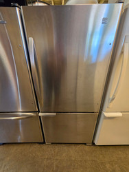 Kenmore 30 Inch Bottom Freezer Refrigerator with 18.67 cu. ft. Total Capacity 5.73 cu. ft. Freezer Capacity 2 Glass Shelves Crisper Drawer Field Reversible Doors SOME DINGS ON DOORS SEE PICS STAINLESS SKU 24254