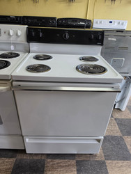 HOTPOINT 30 INCH FREE STANDING ELECTIC RANGE MANUAL CLEAN COIL BURNERS 3 SMALL 1 LARGE WHITE LOCATED IN OUR PORTLAND OREGON APPLIANCE STORE SKU 24259