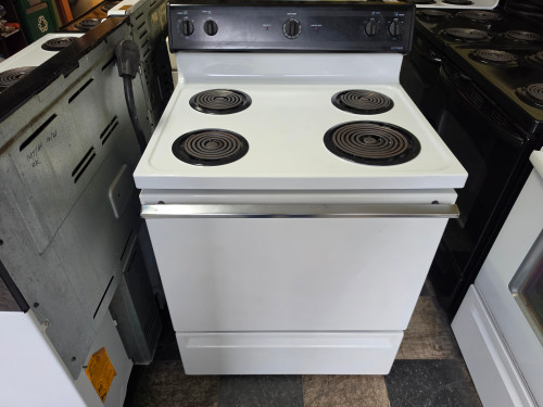 HOTPOIT 30 INCH FREESTANDING ELECTRIC RANGE MANUAL CLEAN OVEN COIL BURNERS 3 SMALL 1 LARGE STORAGE DRAWER WHITE LOCATED IN OUR PORTLAND OREGON APPIANCE STORE SKU 24265