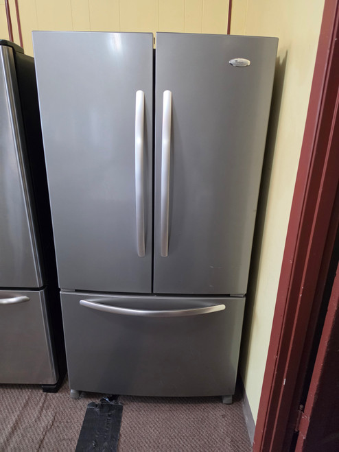 WHIRLPOOL GOLD 25 CUBIC FOOT FRENCH DOOR REFRIGERATOR BOTTOM FREEZER WITH ICE MAKER GLASS SHELVES 2 CRISPER DRAWERS 1 LARGE DELI DRAWER CAN DISPENSER STAINLESS LOCATED IN OUR PORTLAND OREGON APPLIANCE STORE SKU 24266