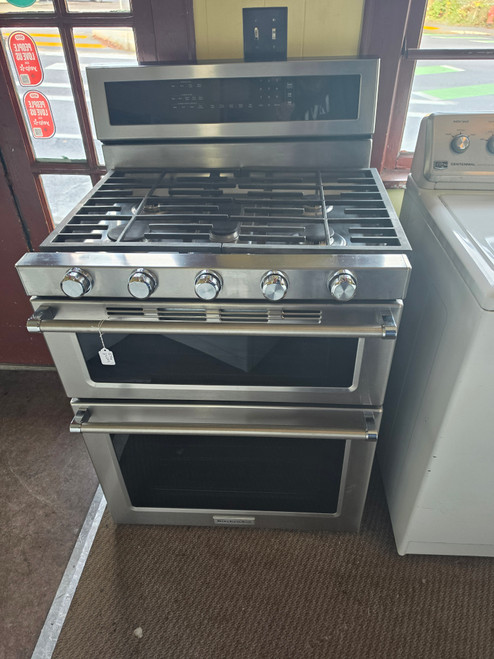 KitchenAid 30 Inch Freestanding Dual Fuel Range with 5 Sealed Burners, 17,000 BTU, 6.7 cu. ft. Combined Oven Capacity, Even-Heat True Convection, Steam Rack, Satin Glide Rack, and Glass Touch Controls SKU 24279