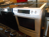 JENN-AIR 30 INCH SLIDE IN DOWN DRAFT ELECTRIC RANGE 2 BURNER BLACK GLASS TOP CARTRIDGE AND GRILL SELF CLEAN RAPID PREHEAT CONVECTION WHITE LOCATED IN OUR PORTLAND OREGON APPLIANCE STORE