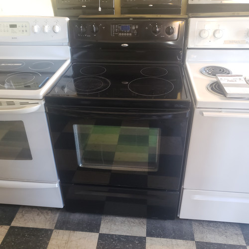 WHWIRLPOOL ELECTRIC GLASS TOP RANGE 30 INCH FREE STANDING 4 BURNER 1 LARGE DUAL SELF CLEAN GLASS DOOR WITH WINDOW STORAGE DRAWER BLACK LOCATED IN OUR PORTLAND OREGON APPLIANCE STORE