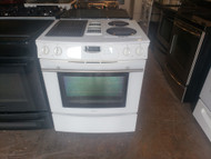 JENN-AIR 30 INCH SLIDE-IN ELECTRIC RANGE WITH 2 COIL BURNERS LEFT SIDE GRILL 2 TIMERS SELF CLEAN WHITE LOCATED IN OUR PORTLAND OREGON APPLIANCE STORE