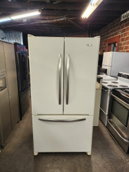 MAYTAG 25 CUBIC FOOT FRENCH DOOR REFRIGERATOR WITH BOTTOM FREEZER ICE AND WATER DISPENSER GLASS SHELVES 2 CRISPER DRAWERS 1 LARGE PANTRY DRAWER BISQUE LOCATED IN OUR PORTLAND OREGON APPLIANCE STORE SKU 16368