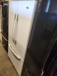 MAYTAG 25 CUBIC FOOT FRENCH DOOR REFRIGERATOR WITH BOTTOM FREEZER INTERNAL WATER DISPENSER GLASS SHELVES LARGE DELI DRAWER 2 CRISPER PULL OPEN FREEZER DOOR WHITE LOCATED IN OUR PORTLAND OREGON APPLIANCE STORE SKU 16587