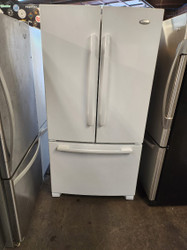 WHIRLPOOL 25 CUBIC FOOT FRENCH DOOR REFRIGERATOR BOTTOM FREEZER WITH ICE MAKER ADJUSTABLE GLASS  SHELVES 1 LARGE PANTRY DRAWER 2 CRISPER DRAWERS PULL OPEN FREEZER DOOR WHITE LOCATED IN OUR PORTLAND OREGON APPLIANCE STORE SKU 16941