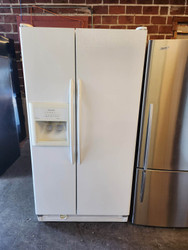 KITCHENAID 25 CUBIC FOOT SIDE BY SIDE REFRIGERATOR WITH ICE AND WATER GLASS SHELVES 1 DELI PAN 2 CRISPER DRAWERS 3 WIRE SHELVES AND 2 PULL OUT STORAGE BINS WHITE LOCATED IN OUR PORTLAND OREGON APPLIANCE STORE SKU 17092