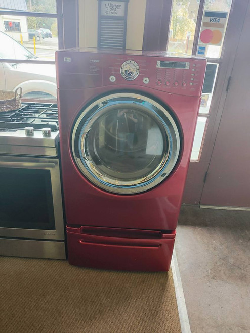 LG 27 Inch Electric Dryer with Pedestal  7.3 Cu. Ft. Capacity, 9 Drying Programs, and Sensor Dry System: Wild Cherry Red LOCATED IN OUR PORTLAND OREGON APPLIANCE STORE SKU 17572