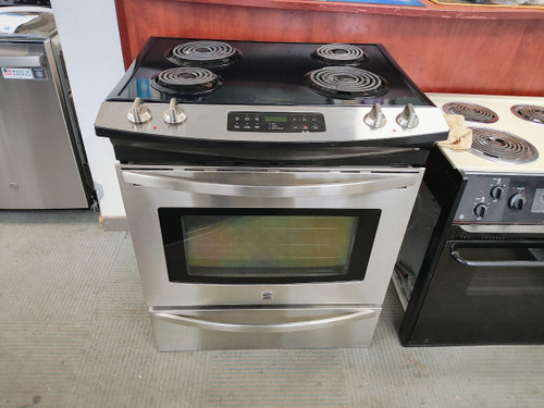 KENMORE 30 INCH SLIDE-IN ELECTRIC RANGE COIL BURNERS 2 LARGE 2 SMALL 2  LARGE  SELF CLEANING OVEN STORAGE DRAWER BLACK AND STAINLESS LOCATED IN OUR PORTLAND OREGON APPLIANCE STORE SKU 17626