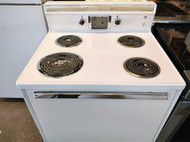 GE VINTAGE 30 INCH FREE STANDING ELECTRIC RANGE COIL BURNERS 1 LARGE 3 SMALL PUSH BUTTONS SWITCHES MANUAL CLEAN OVEN STORAGE DRAWERS WHITE LOCATED IN OUR PORTLAND OREGON APPLIANCE STORE SKU 17689