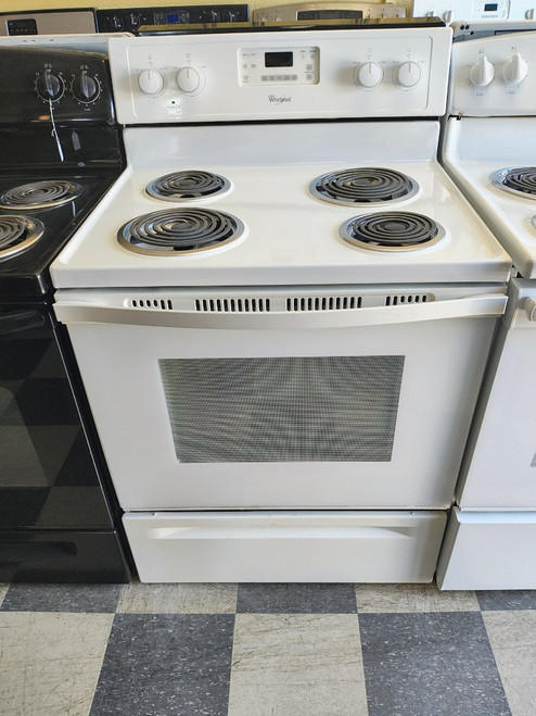 WHIRLPOOL ELECTRIC RANGE 30 INCH FREE STANDING COIL BURNERS 2 LARGE 2 SMALL SELF CLEANING OVEN KEEP WARM OPTION STORAGE DRAWER WHITE LOCATED IN OUR PORTLAND OREGON APPLIANCE STORE SKU 17702
