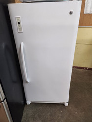 GE 14 CUBIC FOOT UPRIGHT FREEZER AUTOMATIC  DEFROST 3 SHELVES PLUS BOTTOM BASKET 5 COMPARTMENTS IN THE DOOR FOR EXTRA STORAGE WHITE LOCATED IN OUR PORTLAND OREGON APPLIANCE STORE SKU 17741
